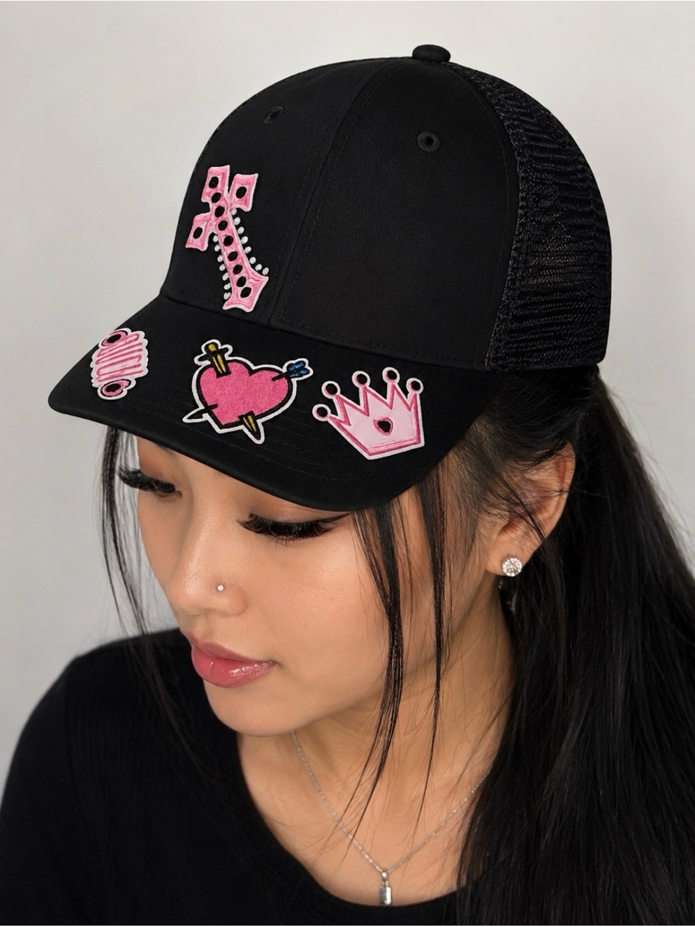 Black Mesh Trucker Hat with Pink Heart & Crown Patches